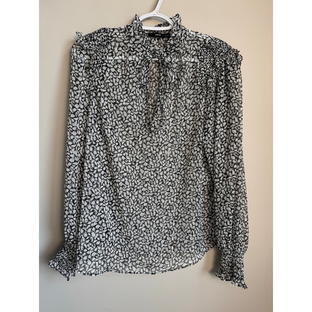 Mango MNG Sheer Metallic Floral Tie Neck Smocked Blouse Womens 4 Whimsigoth Y2K